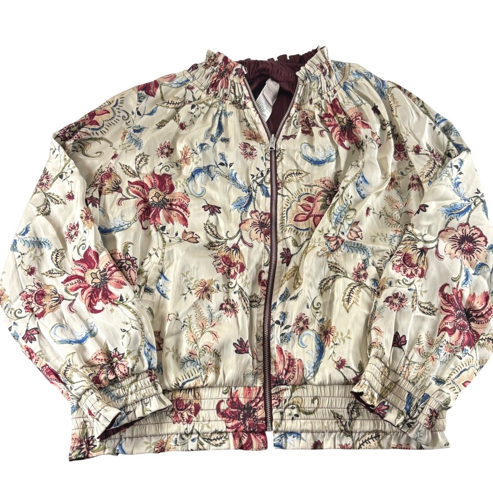 Chicos Floral Paisley Full Zip Bomber Jacket Cream Burgundy Blue Women Size 0 S